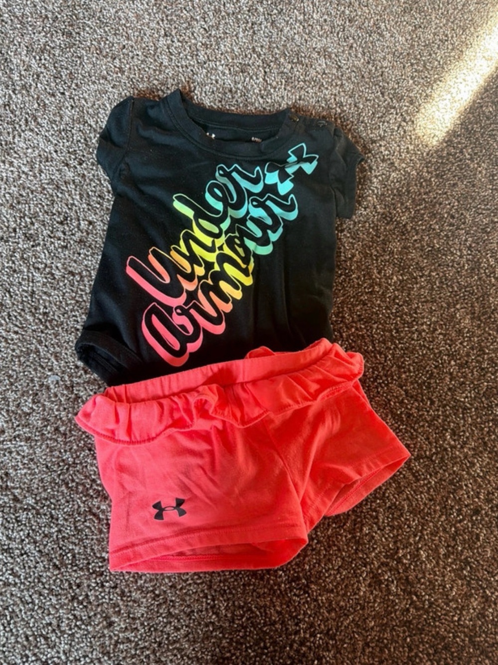 Under Armour Black Tee with Rainbow Logo & Coral Ruffle Shorts